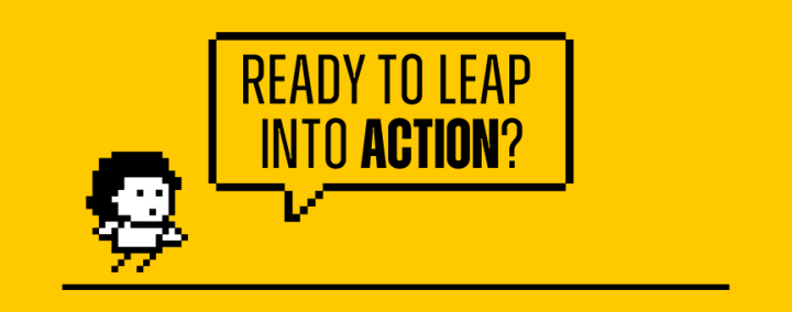 Black and white computer figure with black hair, with a speech bubble saying "Ready to Leap into action?" Black text on a yellow background