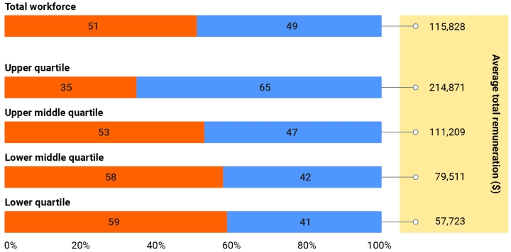 A bar graph with men in blue and women in red, showing the different pay quartiles. For example, in the upper quartile 35% are women and 65% men. The upper middle quartile has 47% men and 53% women, the lower middle quartile is 42% men and 58% women and the lowest quartile 59% women and 41% men.