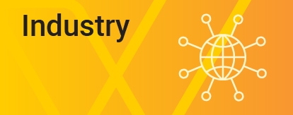 Text reads: Industry. Image shows a yellow tick on a dark yellow background with an icon indicating collaboration