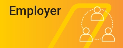 Text reads: Employer. Image shows a yellow tick on a dark yellow background with icons of people joined with dotted lines. 