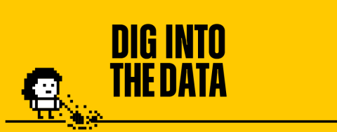 Black text on yellow background reads Dig into the data, with a little character with black hair and a tiny shovel