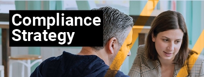 Text reads Compliance Strategy, image shows a man and woman looking down and reading