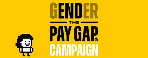 Black and white text on yellow background reads "End The Gender Pay Gap Campaign" with little computer figure with black hair and smiling face