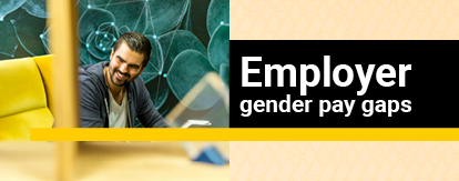 Text says Employer gender pay gaps in white font on a black background. On the left of the image is a man smiling sitting on a yellow lounge, with a green background.